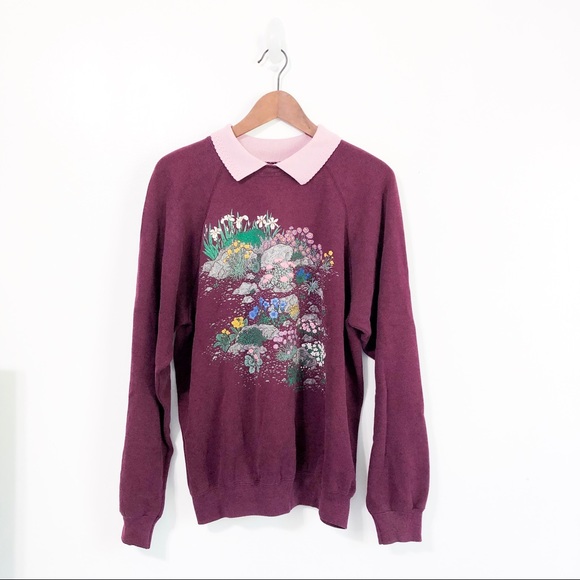Vintage Tops - Vintage Purple Floral Sweatshirt w Peterpan Collar